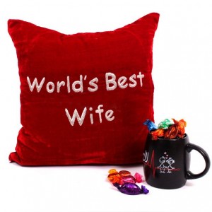 1 ‘World’s Best Wife’s Pillow and 16 Pieces Quality Street in ‘Lal Mere Dil Ka Haal’ Mug.