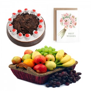 Black forest Cake, Fruit basket and Greeting Card